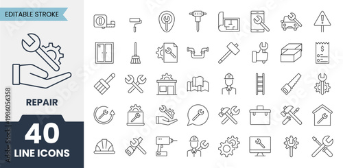 Repair line icons set with editable stroke. Containing toolbox, maintenance, service, construction, mechanic, fix and more. Vector illustration