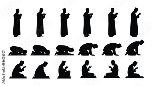 Silhouettes of muslim men in various prayer positions demonstrating islamic worship and devotion high quality professional