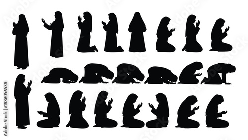 A collection of black silhouettes depicting women in various praying or worshipful poses high quality professional