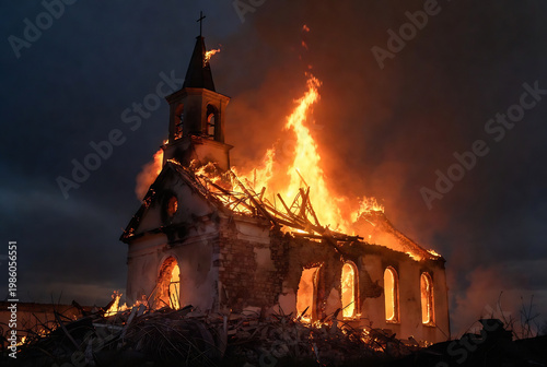 A church is engulfed in flames, representing a devastating event. It appears to be located in a rural area with a dark sky and surrounding debris.