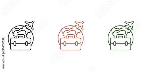 Airplane flying around globe with briefcase travel luggage in white background