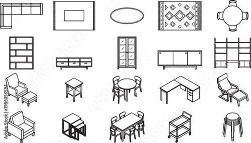 A comprehensive selection of furniture elements is meticulously illustrated, offering a diverse array of interior design possibilities, showcasing their unique shapes and purposes.