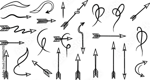 Collection of hand drawn black and white arrows and curved lines ideal for design elements