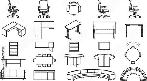 Line drawing of essential office furniture, showcasing a variety of furniture elements for interior design or architectural concepts.