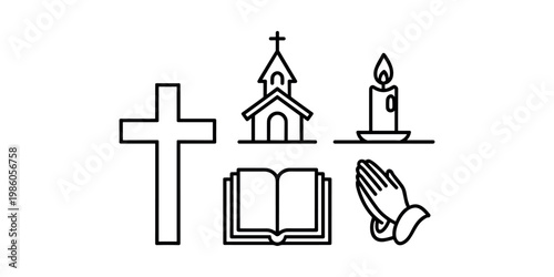 Christian cross church open book lit candle praying hands christianity religion building in white background
