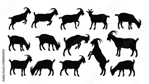 A collection of black silhouette illustrations depicting various poses of goats and domestic livestock high quality