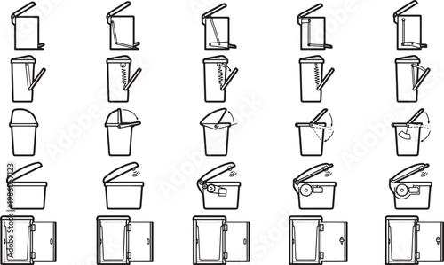 An icon collection of various trash cans, bins, and receptacles, designed with simplicity and functionality in mind.