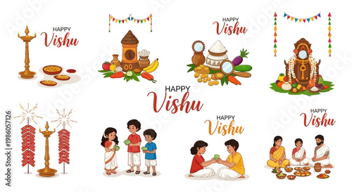 A set of colorful illustrations showcasing the Kerala festival Vishu, celebrating the Malayalam New Year, featuring traditional elements like Vishu Kani, lamps, and family gatherings