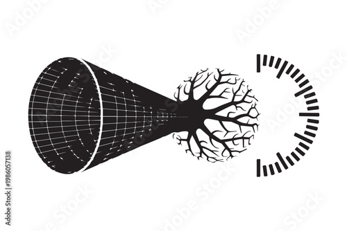 Black and white graphic showing transition from perspective grid tunnel to tree silhouette and time measurement scale for data evolution art.