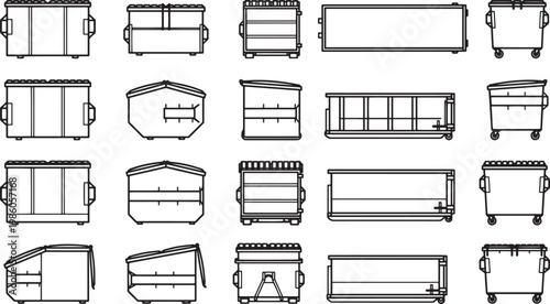 An assortment of monochrome dumpsters, showcasing a variety of industrial waste containers in a clean, graphic style.