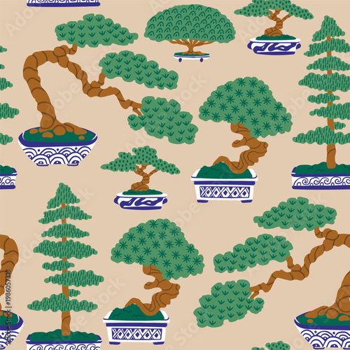 Bonsai trees. Small decorative trees in pots. Traditional Japanese plants, oriental garden art. Little potted decorative houseplants. Hand drawn trendy Vector illustration. Square seamless Pattern