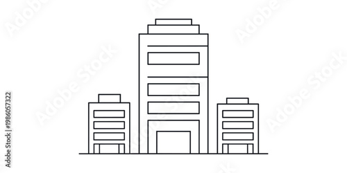 Minimalist line of three buildings with a central taller structure architecture city urban skyscraper in white background