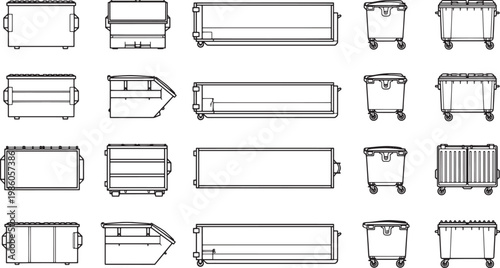 A comprehensive array of dumpsters in a detailed technical illustration, perfect for architectural or industrial documentation. 