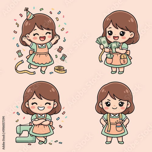 Cartoon girl success sewing business