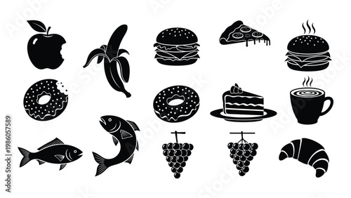 A collection of black silhouette icons representing various food items including fruits sweets and savory dishes