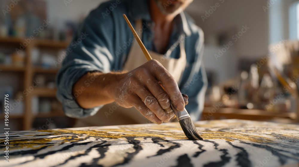 Obraz premium Veteran with paint-covered hands pressing bold brushstrokes onto canvas in a sunlit art therapy studio, abstract patterns echoing military camouflage, occupational rehabilitation program, creative h