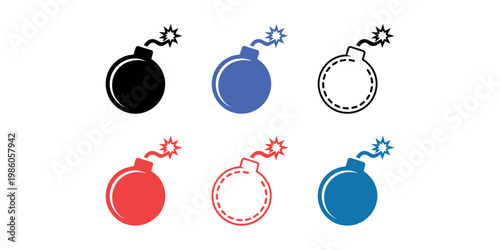 Six bomb in black blue and red with lit fuses symbol explosion in white background