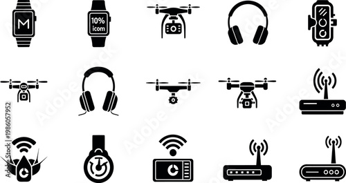 A collection of modern technology icons including smartwatches drones headphones and wireless communication devices in black silhouette style