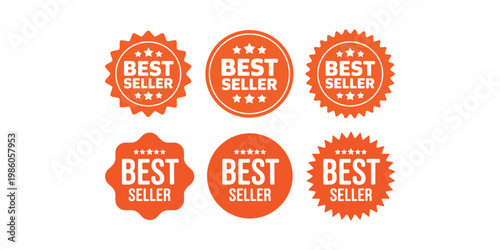 Six orange seller badges with white stars and text on white background orange badge star badge sale tag