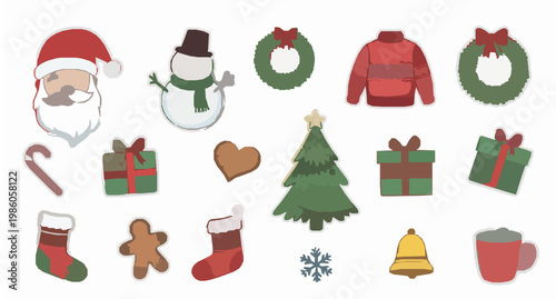 Christmas vector sticker collection with Santa snowman tree presents and holiday decorations isolated on white