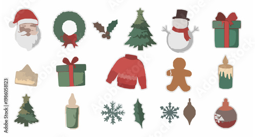 Festive Christmas sticker collection vector Santa snowman tree sweater and holiday decorations isolated on white background
