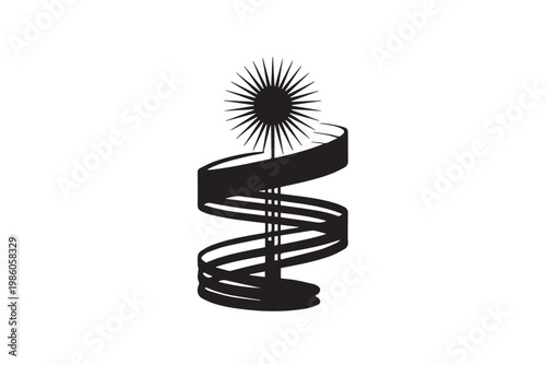 stylized helical ribbon or DNA strand twirling around central spike with sunburst motif, abstract energy symbol.