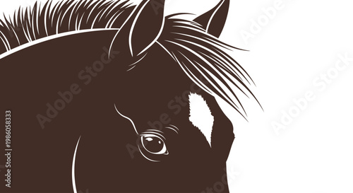Stylized horse head profile illustration with dark brown fur and white blaze