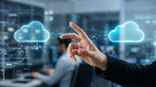 Cloud computing hand gesture in office with digital network and global instability