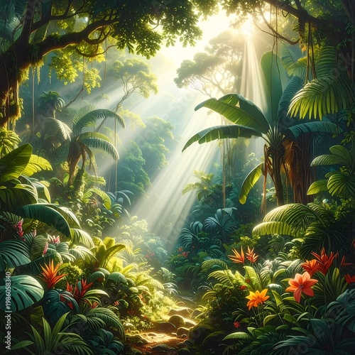 A serene forest scene with vibrant plants