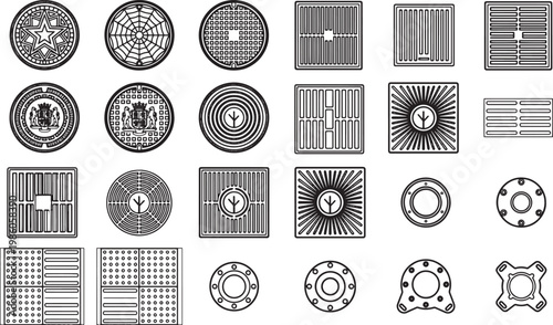 An array of meticulously crafted manhole covers, each showcasing a unique geometric design and intricate patterns, arranged in a visually engaging and aesthetically pleasing presentation.