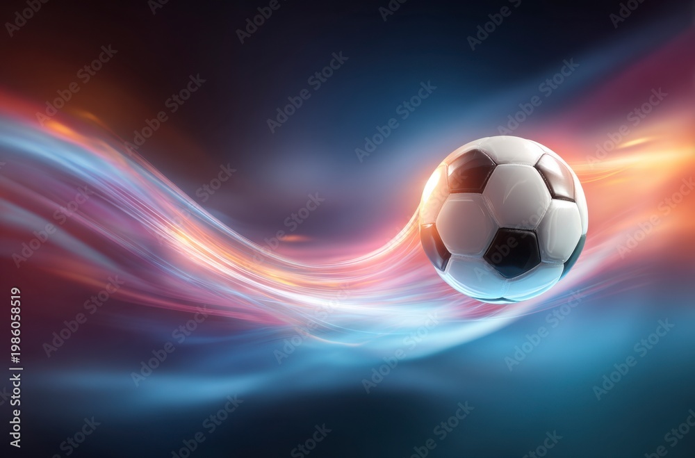 Naklejka premium A black and white soccer ball moves swiftly against a background of dynamic, colorful light trails. It symbolizes the thrilling energy for World Cup 2026 in Mexico, USA, and Canada.