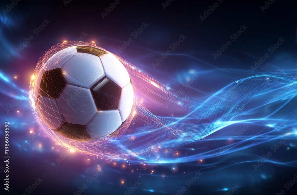 Naklejka premium A black and white soccer ball moves swiftly against a background of dynamic, colorful light trails. It symbolizes the thrilling energy for World Cup 2026 in Mexico, USA, and Canada.