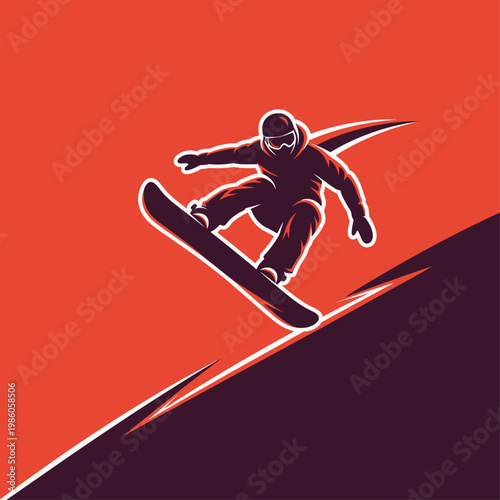 Stylized snowboarder illustration performing a jump on a winter slope