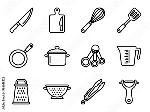 A comprehensive set of line icons depicting essential culinary tools and food preparation equipment for modern kitchens.