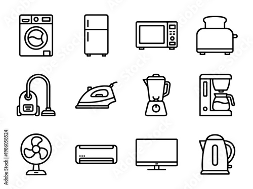 A set of outline icons representing various household electronic devices and essential domestic appliances.