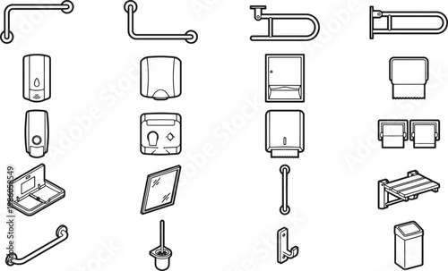 A collection of minimalist line art icons showcases various accessible bathroom fixtures and accessories, designed for inclusivity.