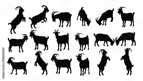 A collection of black silhouette illustrations depicting various poses of domestic goats and sheep high quality