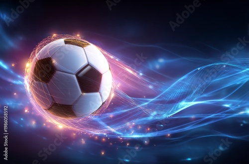 A black and white soccer ball moves swiftly against a background of dynamic, colorful light trails. It symbolizes the thrilling energy for World Cup 2026 in Mexico, USA, and Canada.