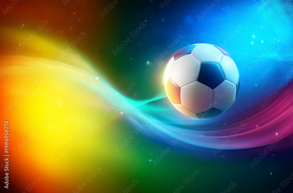 Naklejka premium A black and white soccer ball moves swiftly against a background of dynamic, colorful light trails. It symbolizes the thrilling energy for World Cup 2026 in Mexico, USA, and Canada.