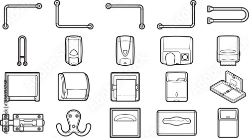 A collection of essential bathroom equipment rendered in clean, minimalist line art, depicting a comprehensive range of accessibility aids and sanitary provisions. 