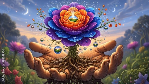 A vibrant flower with roots and water droplets is cradled in a person's hands in a serene natural setting.