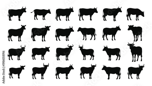 A collection of black silhouette illustrations depicting various breeds of cattle in different poses high quality