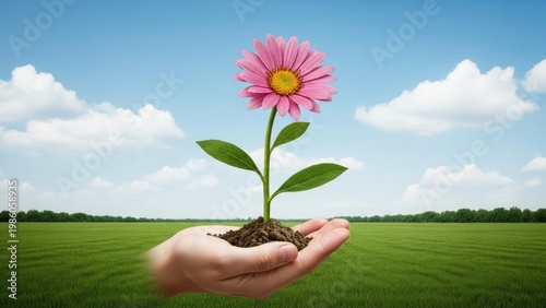 A hand holding a small pink flower with green leaves and soil in a vast green field under a blue sky with white clouds.
