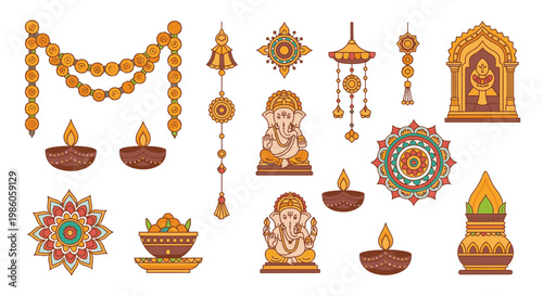 Diwali festival elements collection: Ganesha, diyas, marigold garlands, mandalas, and decorative items