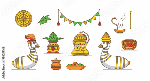 Indian cultural elements collection with two swans, puja items, and decorations