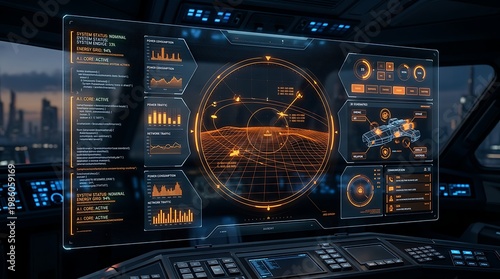 Futuristic computer screen with orange and blue interface in a cockpit or control room with buttons and graphs  showing system status and data analysis