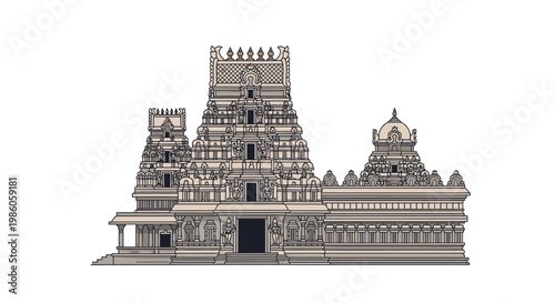Intricate pixel art illustration of a traditional South Indian Hindu temple with multiple towers and detailed carvings