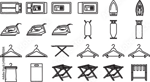 A collection of vector style hotel or domestic home supplies outline. Illustrating a seamless pattern of household objects, perfect for design usage.