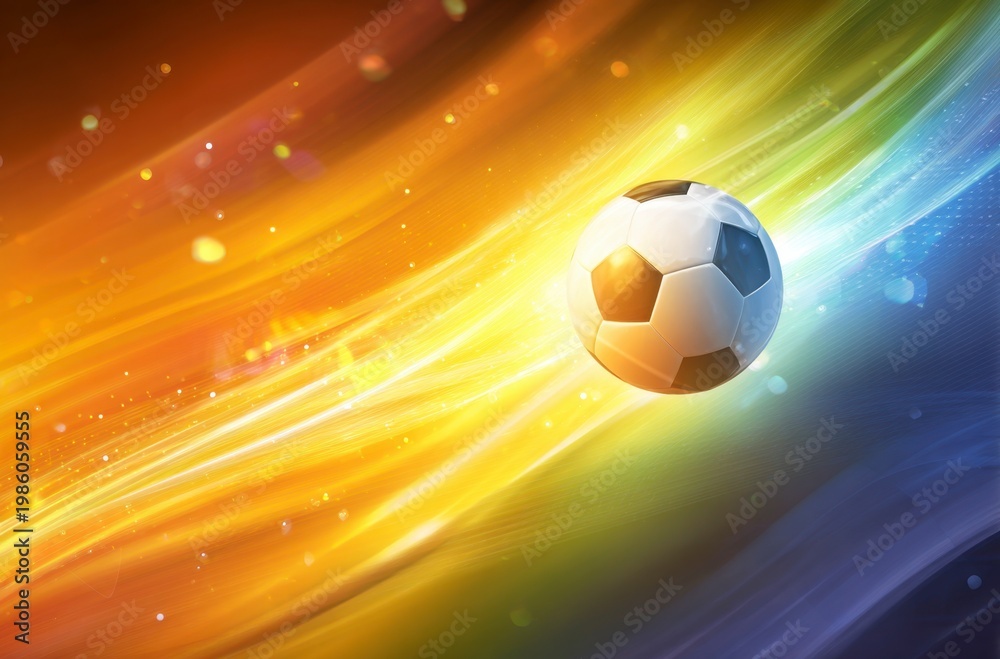 Naklejka premium A black and white soccer ball moves swiftly against a background of dynamic, colorful light trails. It symbolizes the thrilling energy for World Cup 2026 in Mexico, USA, and Canada.
