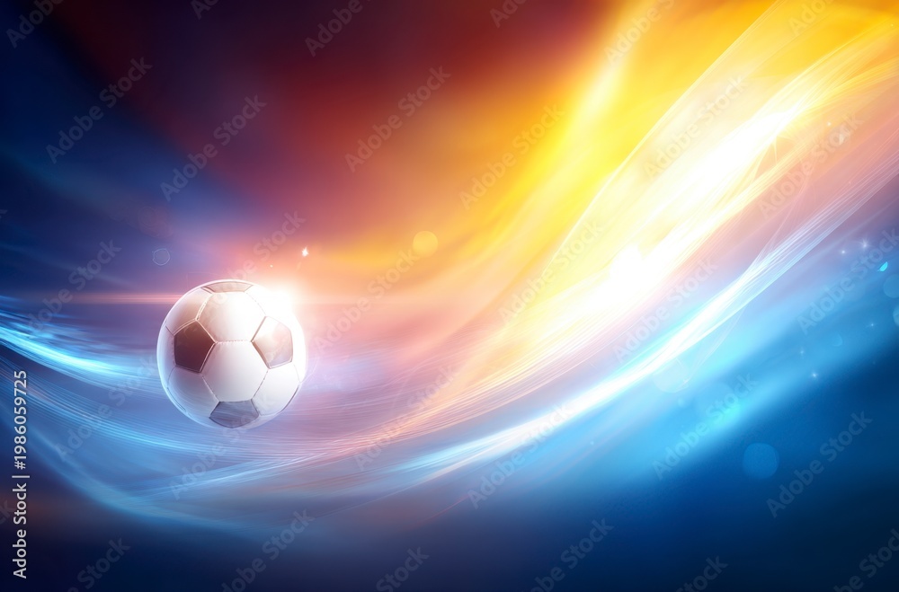 Naklejka premium A black and white soccer ball moves swiftly against a background of dynamic, colorful light trails. It symbolizes the thrilling energy for World Cup 2026 in Mexico, USA, and Canada.